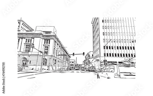 Print Building view with landmark of Spokane is the most populous city in United States. Hand drawn sketch illustration in vector.