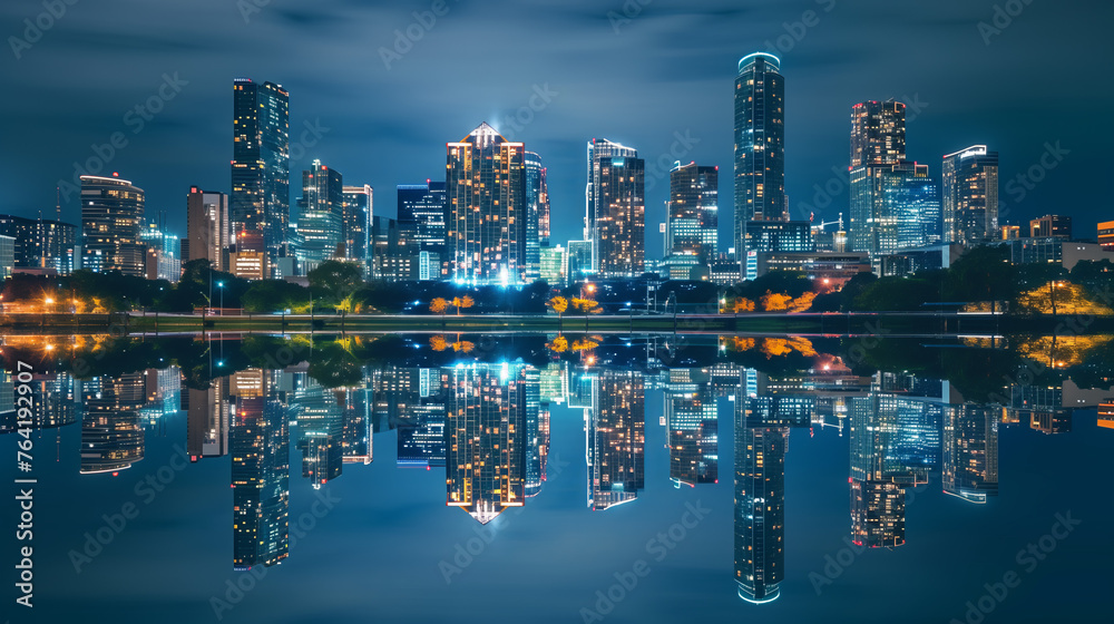 Marvel at the mesmerizing reflection of city lights and skyscrapers mirrored in the calm waters of a river or lake