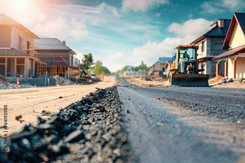 Obraz premium Fresh asphalt paving by road construction crew with focus on the new tarmac texture, residential area development in the background - AI generated