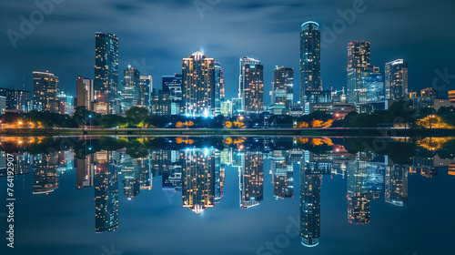 Marvel at the mesmerizing reflection of city lights and skyscrapers mirrored in the calm waters of a river or lake © P