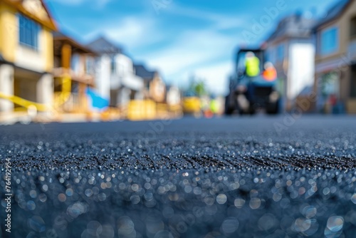 Wallpaper Mural Fresh asphalt paving by road construction crew with focus on the new tarmac texture, residential area development in the background - AI generated Torontodigital.ca