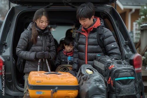 An image showing children actively participating in a family trip by loading luggage into their car
