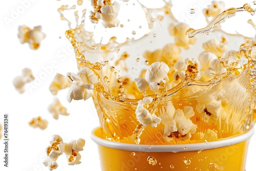 bucket of popcorn splashing isolated on white 