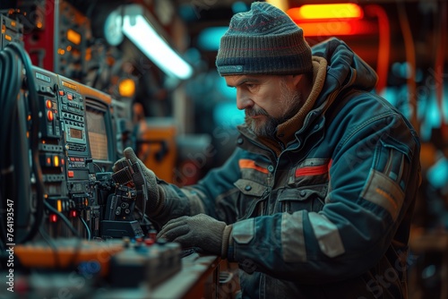 A focused technician in winter attire works on adjusting sophisticated equipment in a server-filled room © Jelena