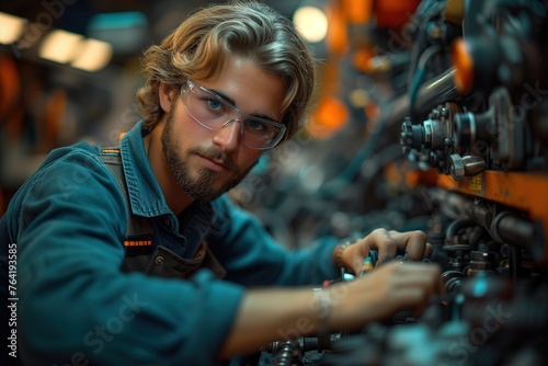 Intense mechanic with beard and glasses carefully examining machine parts in a workshop, with a focused expression