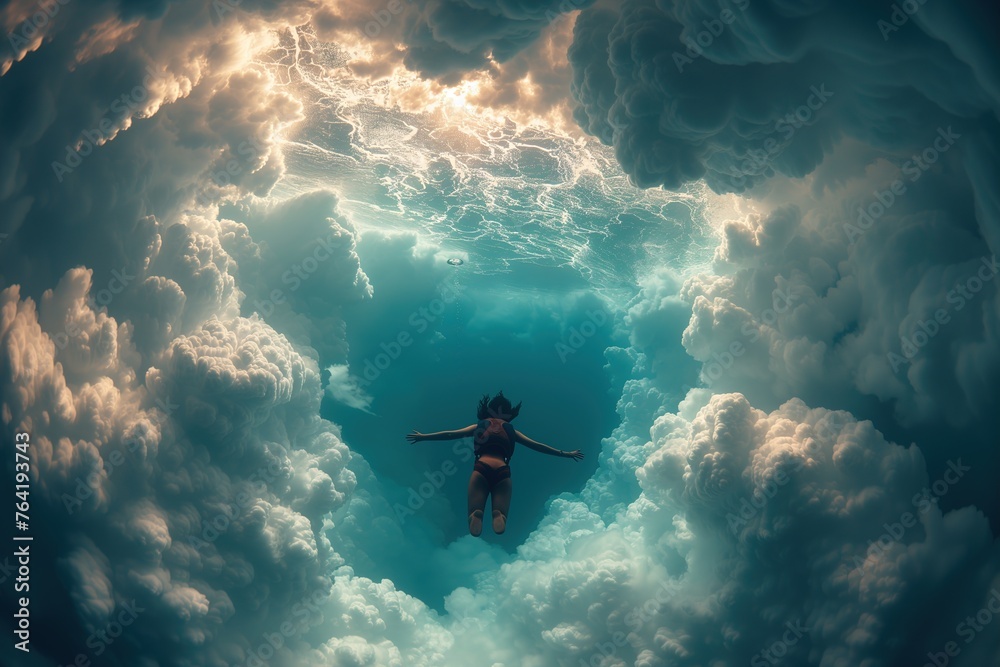 A surreal image of a woman peacefully floating among clouds under the water's surface, depicting tranquility and dream-like freedom - obrazy, fototapety, plakaty 