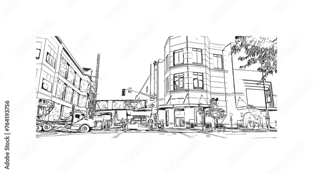 Print Building view with landmark of Spokane is the most populous city in United States. Hand drawn sketch illustration in vector.