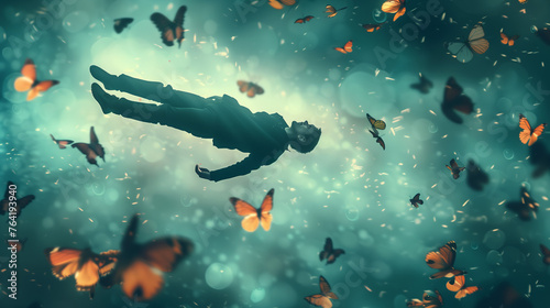 Illustrate the feeling of freedom and exhilaration that comes with chasing one's dreams with a surreal image of a person floating or flying through the air, surrounded by birds or butterflies.