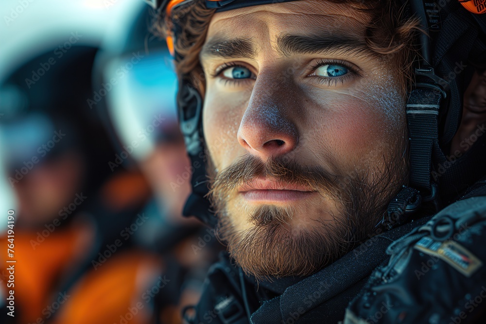 Fototapeta premium Contemplative race car driver with a helmet poses with an intense gaze, reflecting focus and anticipation