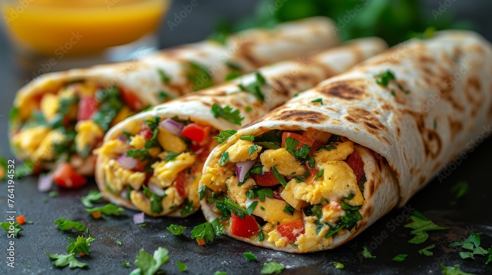 A burrito with eggs & veggies, photographed on a dark surface against an orange juice glass A burrito with eggs & veggies, photographed on a dark surface against an orange juice glass