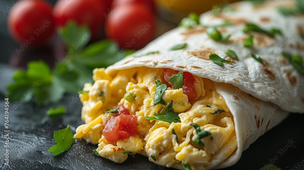  A macro of an egg-filled burrito resting on a dark background alongside sliced tomatoes and chopped parsley