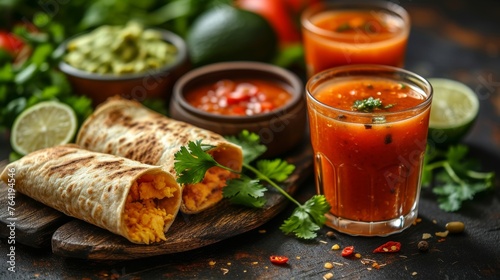  A pair of burritos atop a wooden board with an orange juice glass nearby