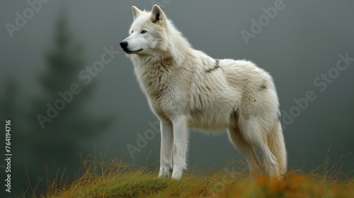  A large white wolf atop a grassy hill beside a pine tree in a misty forest