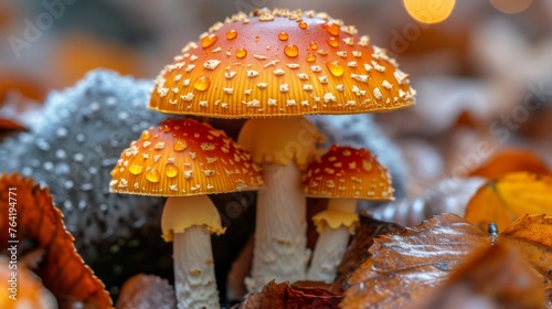  Close-up photo of mushroom cluster with droplets on caps and surrounding foliage