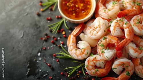  A mound of shrimp, close to a tiny bowl of ketchup with parsley garnish