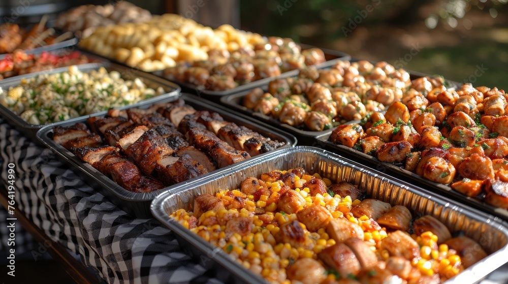  A well-stocked buffet with assorted meat platters, corn, potato dishes, and ear corn on display