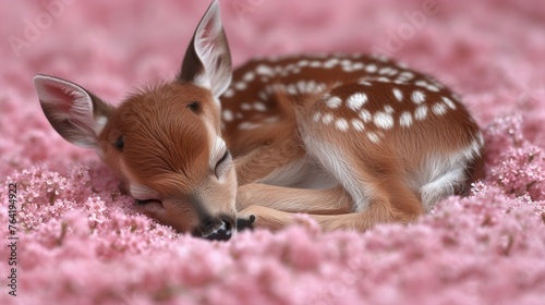  A deer rests on a pink carpeted bed, its head on its paws