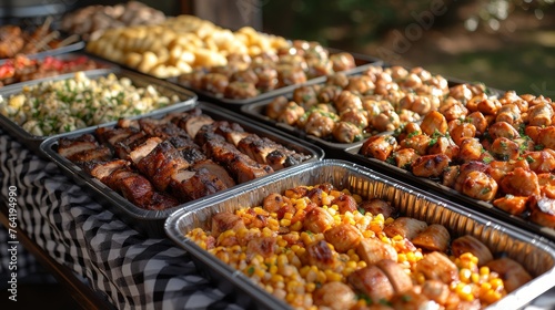  A well-stocked buffet with assorted meat platters, corn, potato dishes, and ear corn on display