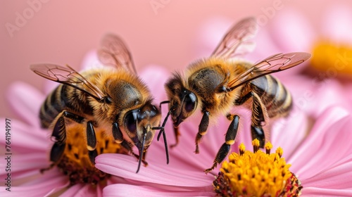  A few bees sit on pink flowers, with one yellow and black bee alongside