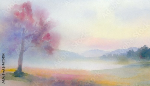 Beautiful pastel aquarelle painting as background.   Misty blurred landscape with a tree  river and mountains.