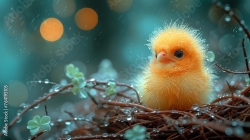  A well-focused image of a small yellow bird perched on a tree branch, with water droplets dripping from its beak into the background