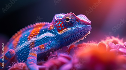  A picture of a brightly colored chameleon atop a bed of pink and purple blossoms, with an out-of-focus backdrop