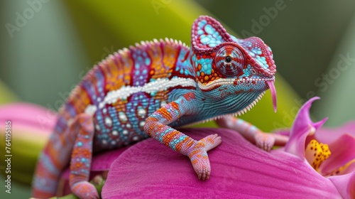  A vibrant chameleon rests atop a pink blossom, surrounded by a green and yellow foliage with a foreground pink bloom