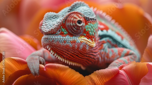  A sharp image of a vibrant chameleon atop a pink blossom against a clear backdrop