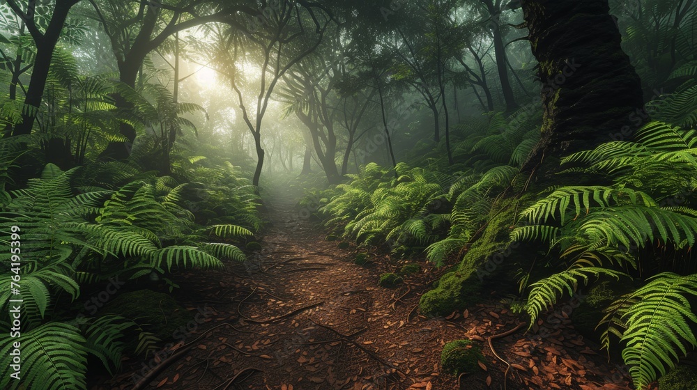  A winding woodland trail with lush vegetation on either side - obrazy, fototapety, plakaty 