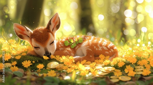  Baby deer resting near golden coins amidst green grass and yellow flowers