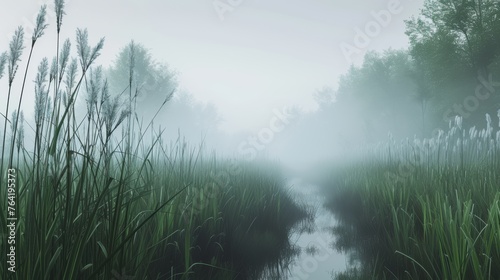  A foggy forest stream  surrounded by lush green foliage on either bank