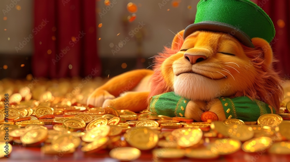  A feline resting atop a mound of gleaming currency, donning a green cap