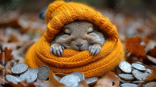  A small rodent in a yellow blanket among pennies and silver dimes