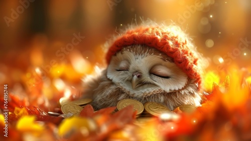  A small owl, clad in a red hat, slumbers atop a mound of coins with its eyelids shut