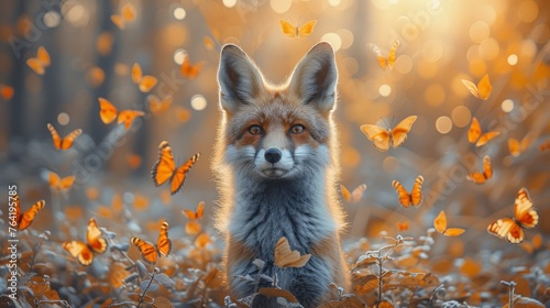  A fox, in a field of orange butterflies, gazes at the camera with surprise