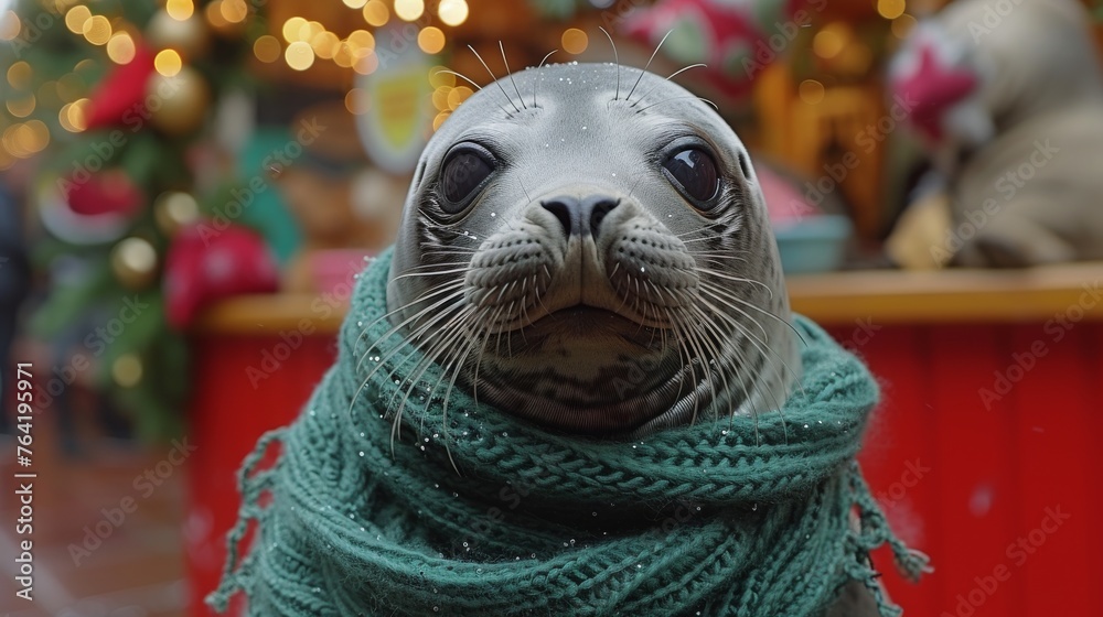  A scarved seal stands before a Christmas tree, bathed in light