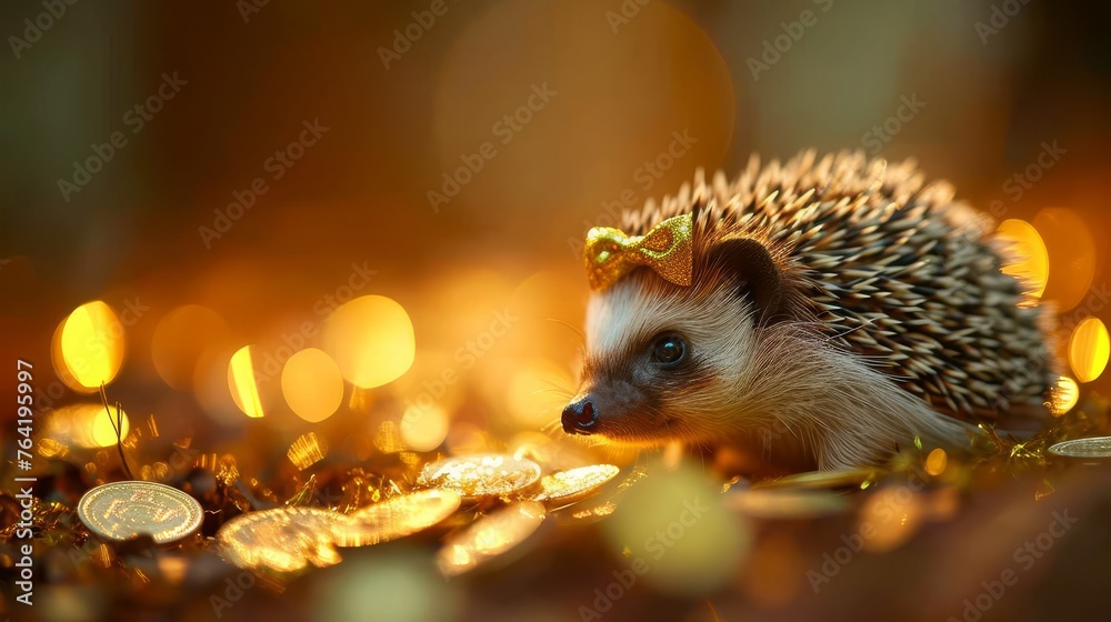 A hedgehog in a bow rests on a mound of gold coins, gazing into the lens A hedgehog in a bow rests on a mound of gold coins, gazing into the lens