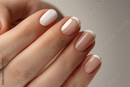 Classic French manicure on a delicate hand  exemplifying timeless beauty and neatness with perfect white tips and natural pink base - AI generated