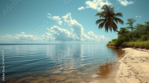  A beach featuring a palm tree in the foreground and a body of water on the opposite shore