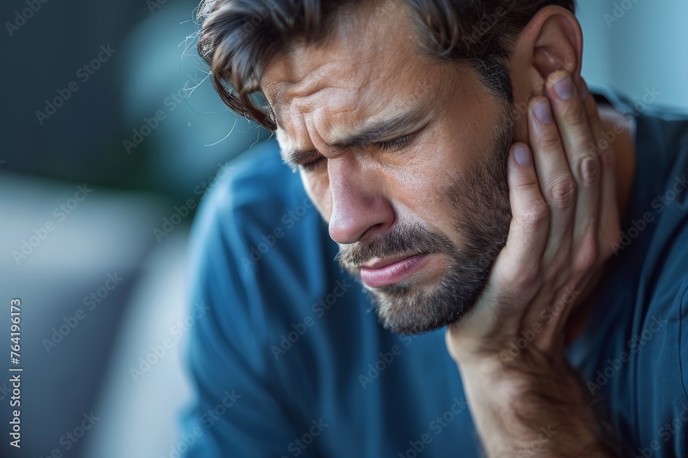 Man in pain, holding his jaw, evoking sympathy for dental or health issues, set against a soft background Man in pain, holding his jaw, evoking sympathy for dental or health issues, set against a soft background