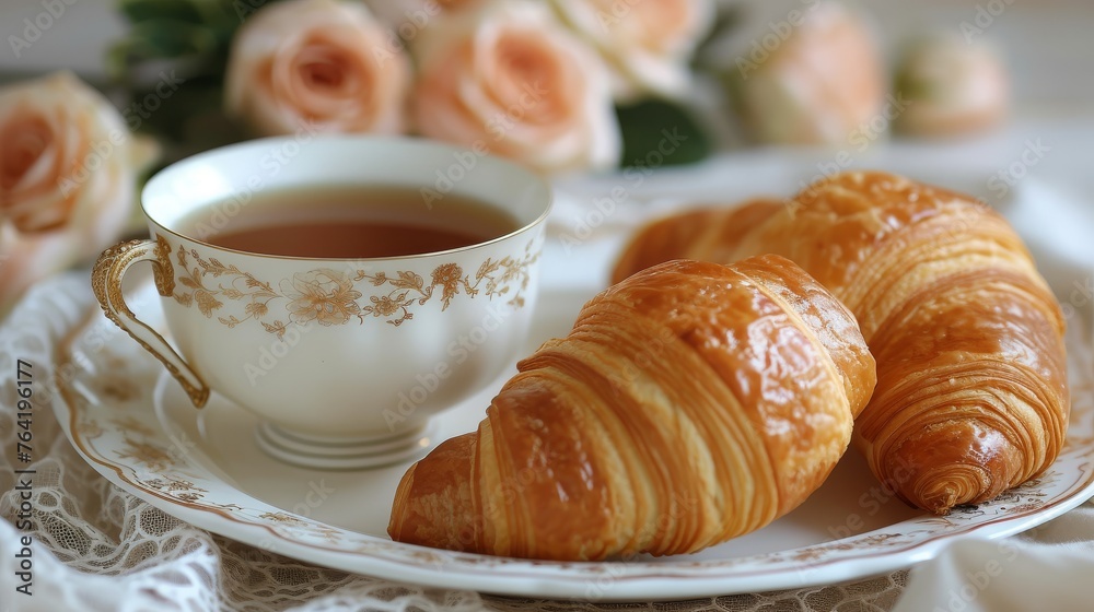 Two croissants rest on a platter beside a teacup and pink rose bundle Two croissants rest on a platter beside a teacup and pink rose bundle