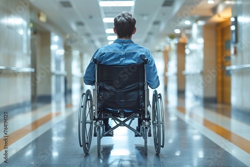The back of a man as he sits in a wheelchair in the long corridor of a medical center