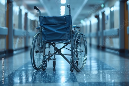 An unoccupied blue wheelchair stands against the cool tones of a hospital corridor