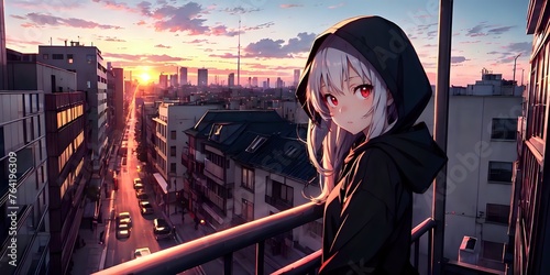 Anime girl standing on the balcony, city landscape, anime wallpaper