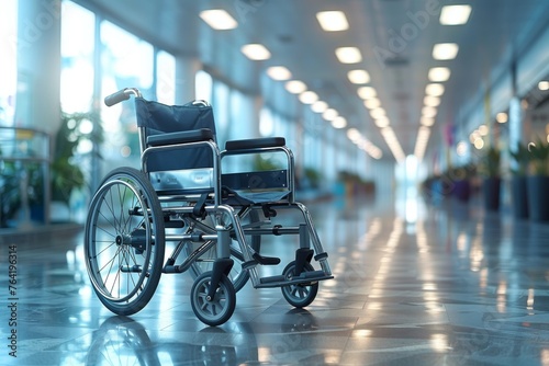 A polished wheelchair sits empty, suggesting a narrative of disability or absent user, in a bright, modern hospital or airport corridor