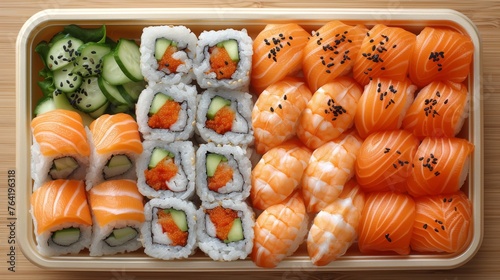  A platter of sushi adorned with cucumber  carrot  and cucumber slices