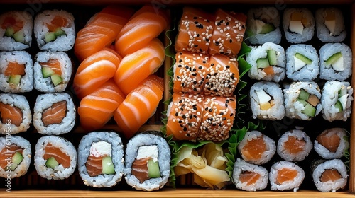  A sushi-filled box sits atop a mound of veggies