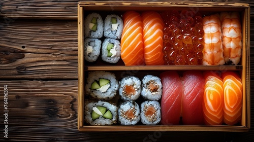  A wooden table holds two boxes of assorted sushi