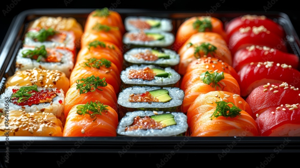 A platter overflowing with myriad sushi varieties, topped with decorative elements A platter overflowing with myriad sushi varieties, topped with decorative elements