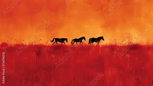  A trio of equines stroll amidst scarlet-orange meadow grass, beneath an orange heaven